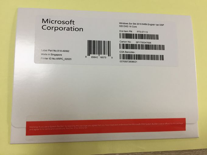 Base del paquete 16 del OEM del DVD del pedazo del estándar 64 del servidor 2016 de Microsoft Windows para el ordenador